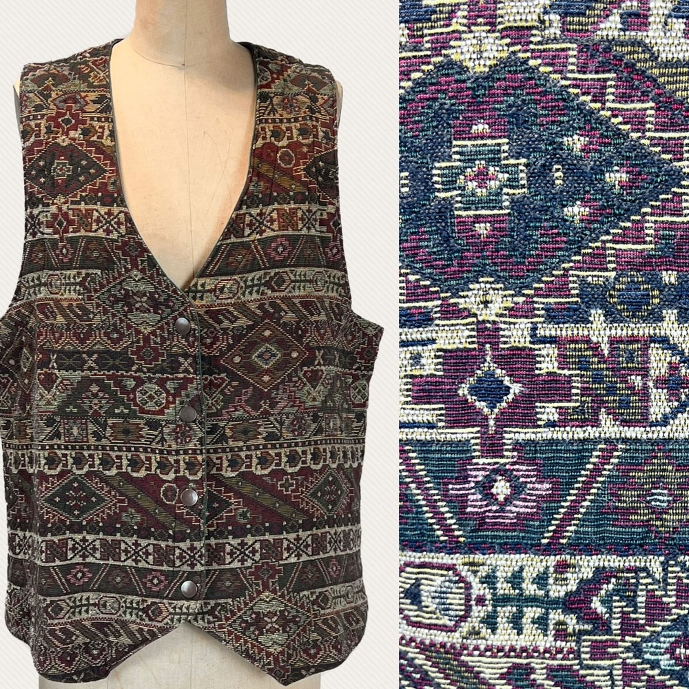 VINTAGE 90s Orvis tapestry vest button front earthy abstract tribal global 80s